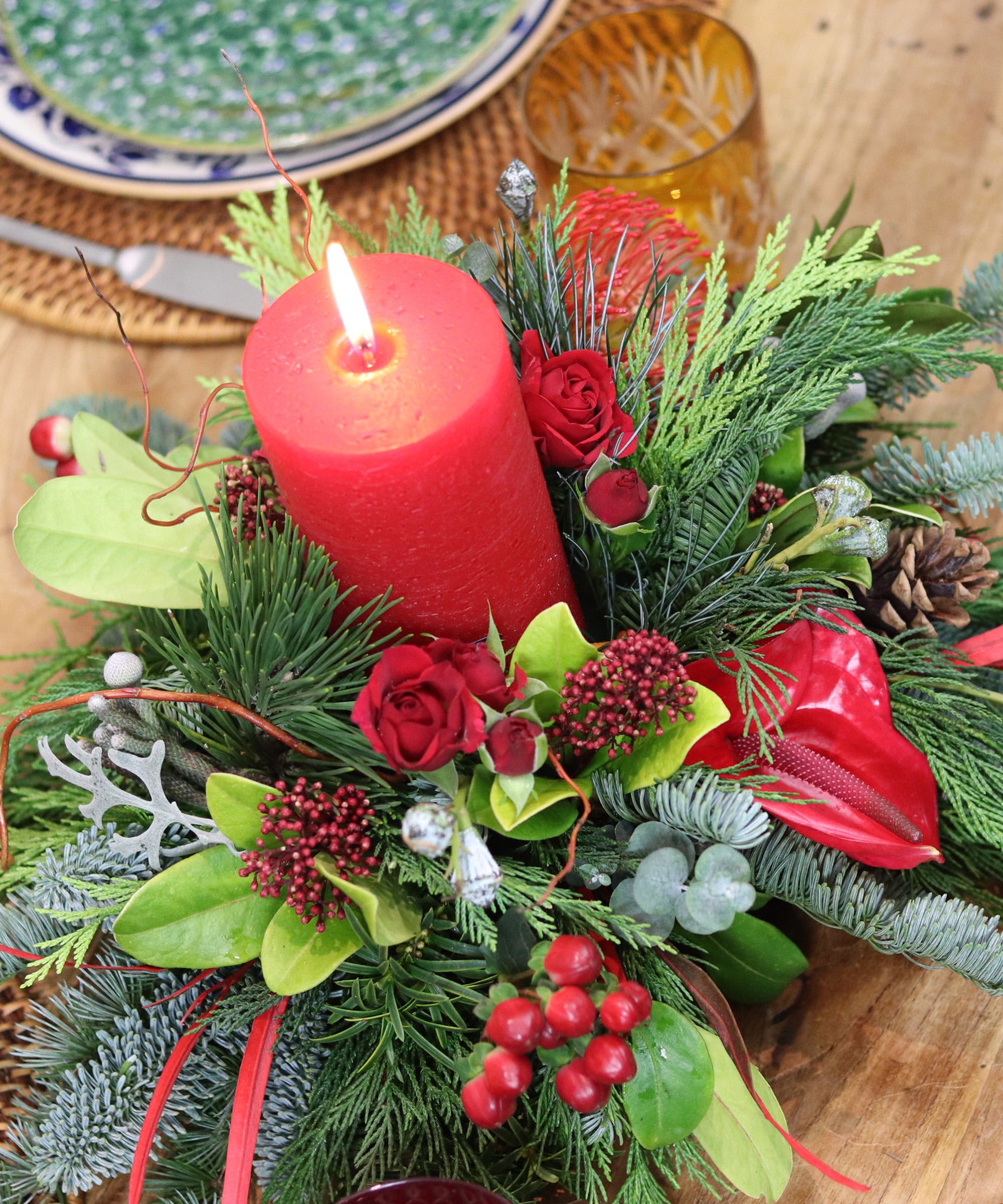 Christmas Breakfast Table Arrangement with Red Candle