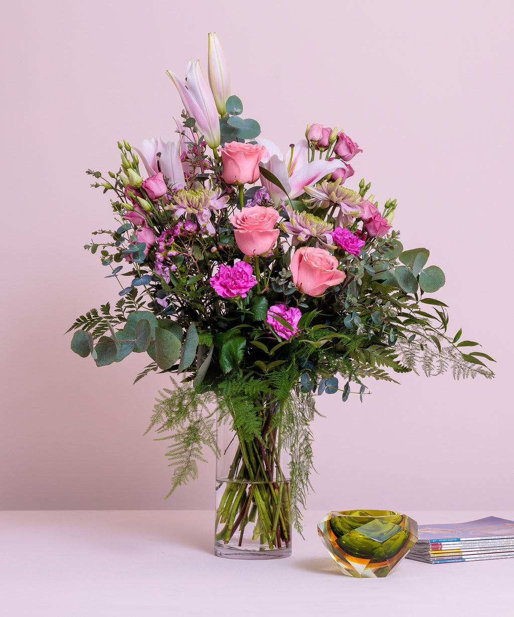 Perfect pink bouquet with lilies, roses, chrysanthemum, eucalyptus, from Lamber de Bie Flowershop in Waterford and Kilkenny and free delivery all over Ireland nationwide.
